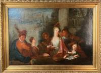 A Concert in an Italianate Garden. Fine oil painting on canvas of a young woman singing in a garden setting surrounded by musicians. Unsigned. French, 18th century