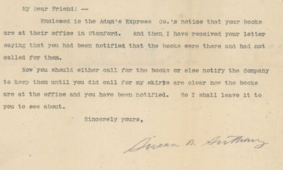 “My skirts are clear,” Writes Susan B. Anthony to a Woman Who Had Purchased Some of Her Books, Likely Including “The History of Woman Suffrage”