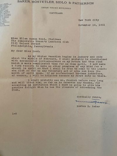 Archive of Incoming Correspondence of Ellen Gowen Hood of the Democratic Women’s Luncheon Club of Philadelphia, From Colleagues Including Newton Baker, 1920s-1940s