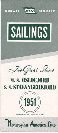 Original 1951 Eastbound Sailing Schedule for the M. S. Oslofjord and S. S.  Stavangerfjord