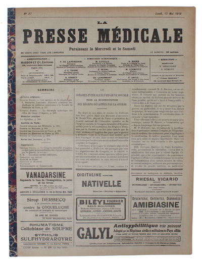 La Chirurgie Esthétique des Rides du Visage. [In: La Presse Médicale. No 27. Lundi, 12 Mai 1919]. - [FIRST PUBLISHED FACELIFT] (photo 3)