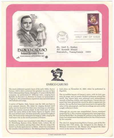 Official First Day of Issue envelope with two portraits of Caruso at left, one in formal dress and the other a full-length role portrait as Canio in Pagliacci, with one 22-cent commemorative postal stamp, postmarked New York, February 27, 1987 and "First Day of Issue
