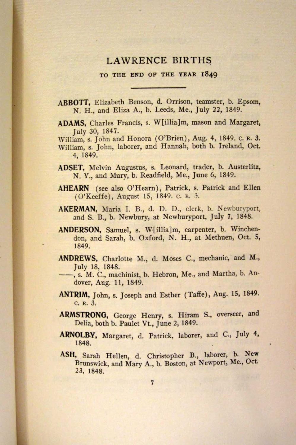 VITAL RECORDS OF LAWRENCE MASSACHUSETTS (1926) To the End of the Year