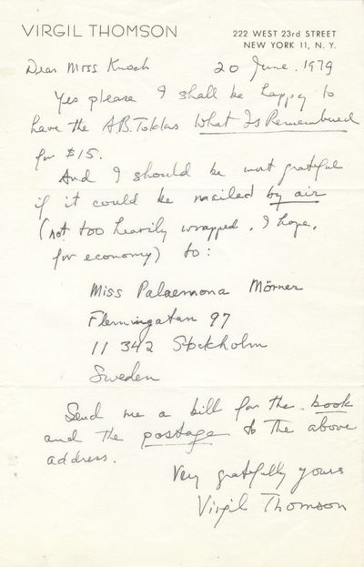 Autograph letter ordering Toklas's account of her life with Gertrude Stein. Signed in full