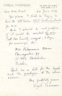 Autograph letter ordering Toklas's account of her life with Gertrude Stein. Signed in full