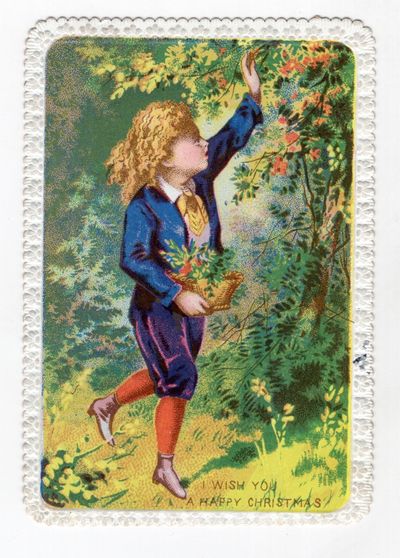 England, 1870. Very good. Light dust soiling.. An attractive 16mo Christmas card depicting a young b...