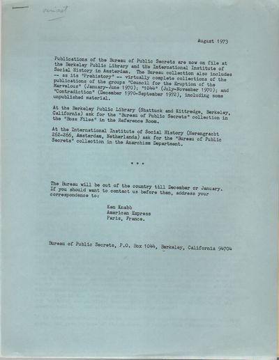 INTRODUCTION TO THE "PREHISTORY" SECTION OF THE BUREAU COLLECTION [Caption Title - Statement from Ken Knabb's Bureau of Public Secrets]