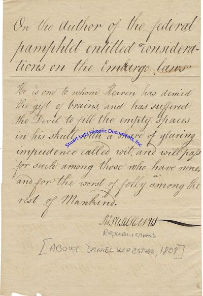 An Anonymous Diatribe Against Daniel Webster, Regarding The Embargo Act Of 1807