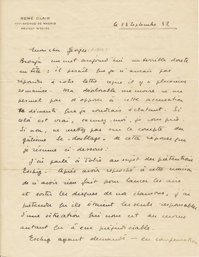 Rene Clair Letter to Georges Auric about their film
