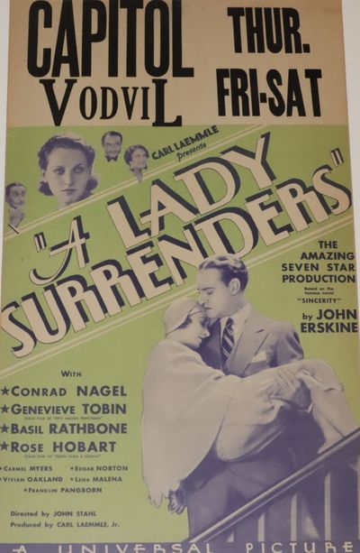 [Movie Poster] Carl Laemmle Presents "A Lady Surrenders" With Conrad Nagel, Genevieve Tobin, Basil Rathbone, Rose Hobart . . .