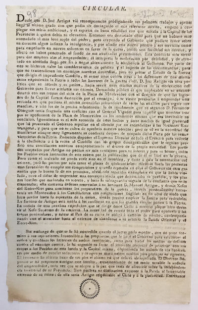 CIRCULAR. DESDE QUE D. JOSÉ ARTIGAS VIÓ RECOMPENSADOS PRÓDIGAMENTA SUS PRIMEROS TRABAJOS...[caption title].
