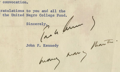 John F. Kennedy’s Letter to the United Negro College Fund After His Great 1959 Speech There, Endorsing the Organization and Praising “the outstanding job the Fund is doing in the fields of education and human relations.”