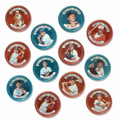 : T.C.G. (Topps), 1964. Unbound. Very Good. 12 collectible baseball coins. Rubbed and nicked along t...