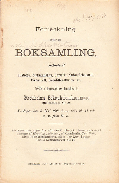 Förteckning öfver en boksamling, bestående af…