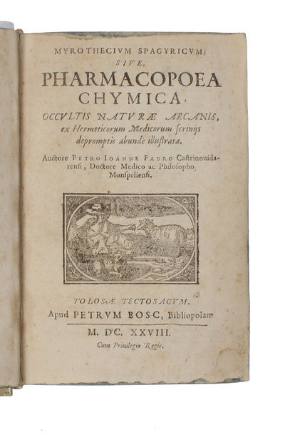 Myrothecium Spagyricum; sive Pharmacopoea Chymica, occultis naturae arcanis, ex Hermeticorum Medicorum scriniis depromptis abunde illustrata (part 1 only)(+) Hydrographum spagyricum (+) Palladium Spagyricum (+) Chirurgia Spagyrica. - [SAMMELBAND OF FOUR OF FRENCH ALCHYMIST FEBRE'S WORKS] (photo 2)