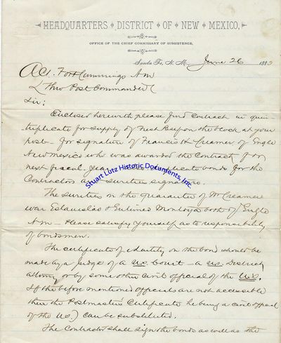 A Lengthy Letter Concerning A Contract To Supply Beef To A New Mexico Military Post