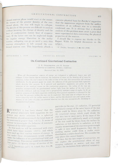 The mechanism of nuclear fission [N. Bohr. & J. A. Wheeler] "On continued gravitational contraction" [J. R. Oppenheimer & H. Snyder]. - [THE FIRST THEORETICAL DESCRIPTION OF A SINGULARITY] (photo 3)