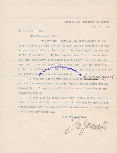 John Wanamaker Regrets That He Could Not Visit Adolph Sutros Famous Library