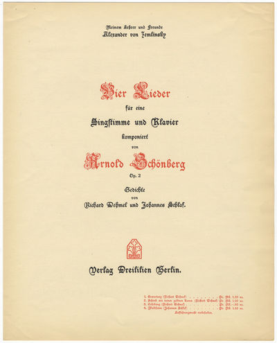 [Op. 2, no. 3]. Vier Lieder für eine Singstimme und Klavier... Op. 2 [No. 3: Erhebung] Gedichte von Richard Dehmel und Johannes Schlaf... Meinem Lehrer und Freunde Alexander von Zemlinsky