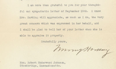 President Warren G. Harding Thanks an Author and Diplomat for His Sympathy on Mrs. Harding’s Severe Illness in 1922, Brought on Partly by Her Discovery of Harding’s Affair with Nan Britton