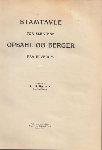 Stamtavle for slektene Opsahl og Berger fra…