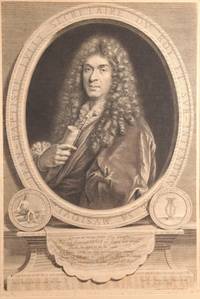 Fine large half-length portrait engraving by Jean-Louis Roullet (1645-1699) after Paulus Mignard (1639–1691) of the distinguished composer in formal dress holding a rolled musical manuscript