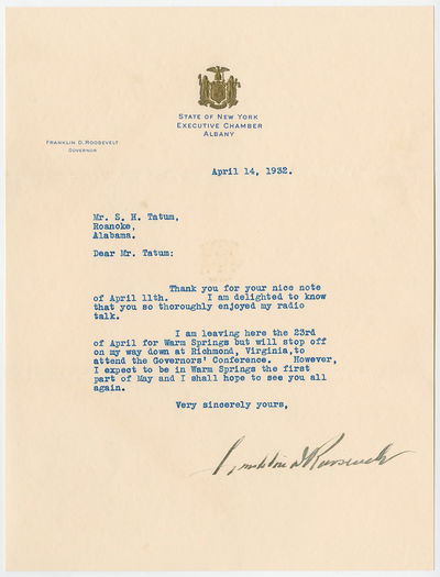 Franklin Roosevelt Thanks Alabama Friend for Compliments on “Forgotten Man” Speech