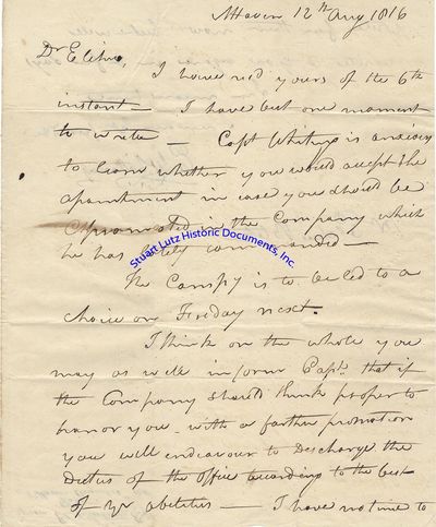 Eli Whitney Writes To His Nephew About A Military Promotion: You May As Well Inform Capt. That If The Company Should Think Proper To Honor You With A Farther Promotion