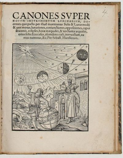 USER'S GUIDE TO A PAPER INSTRUMENT<br>ILLUSTRATED BY HANS HOLBEIN<br> Canones super Novum Instrumentum Luminarium, docentes quo pacto per illud inveniantur Solis & Lunae medii & veri motus, lunationes, coniunctiones, oppositiones, caput draconis, eclipses, horae inaequales, & nocturnae aequales, ortus solis & occasus, ascendens coeli, intervallum, aureus numerus, &c.