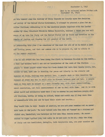 An Archive of Material and Correspondence from the Toscanini Estate Including a Draft of “To the People of America,” with Notes in Toscanini’s Hand