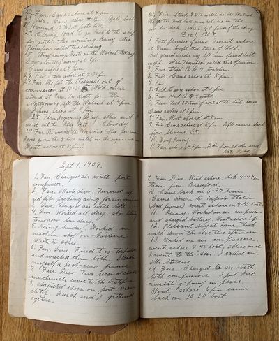 Pair of Manuscript Diaries kept by an unidentified United States Navy sailor, a machinist, including accounts of his service aboard USS Octopus, an early US Navy Submarine, 1907-1911
