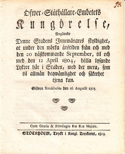 Öfwer-Ståthållare-Embetets Kungörelse, Angående…
