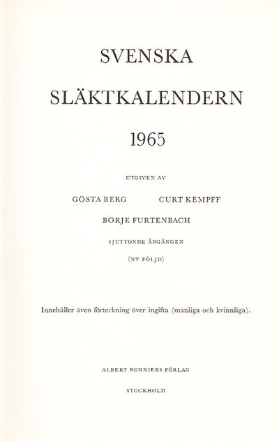 Svenska släktkalendern 1965. Utg. av Gösta Berg,…