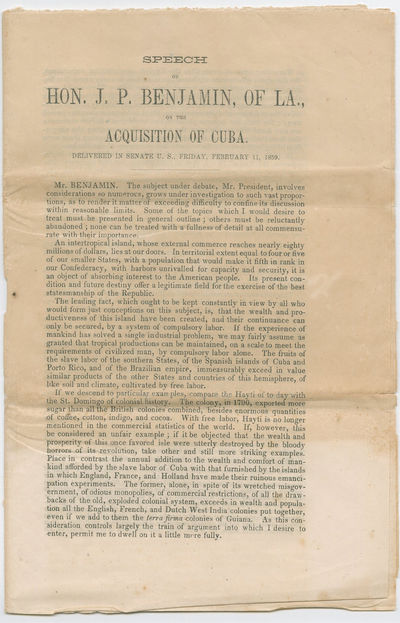 Senator Judah P. Benjamin of Louisiana 1859 speech supporting acquisition of Cuba