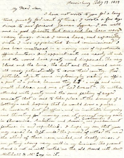 Autograph Letter Signed, as Canal Commissioner, Harrisburg, Pennsylvania, February 19, 1839, to his son, James C. Clarke student at Jefferson College, Canonsburg, Pennsylvania