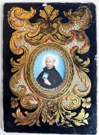 Medallion portrait on vellum set behind an elaborate enameled glass frame