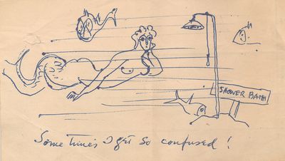 Sometimes I Get So Confused!" says the mermaid in Walt Kuhn's humorous sketch rendered in pen and ink on the back of an accounting pad sheet, 4 x 7 inches. Unsigned