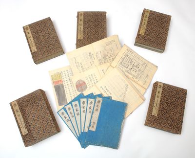 Manuscript on paper, written in one fine legible hand, entitled on label of the first volume: “Gakkaroku” 樂家錄 [“{Kyoto} Imperial Court Music & Dances Musicological Encyclopedia”]