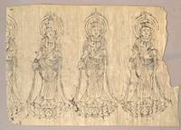 [Single sheet woodblock printed suribotoke 摺仏 of 3 standing 11-faced Kannon 十一面観音] [Buddhist image]