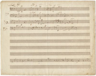 Autograph musical manuscript, consisting of musical incipits of the composer's 12 London Symphonies, together with an autograph musical sketch of the slow movement of the "Gypsy Rondo" from Haydn's Piano Trio No. 39. [Hob. I:93-104; XV:25]. London, 1795. Unsigned