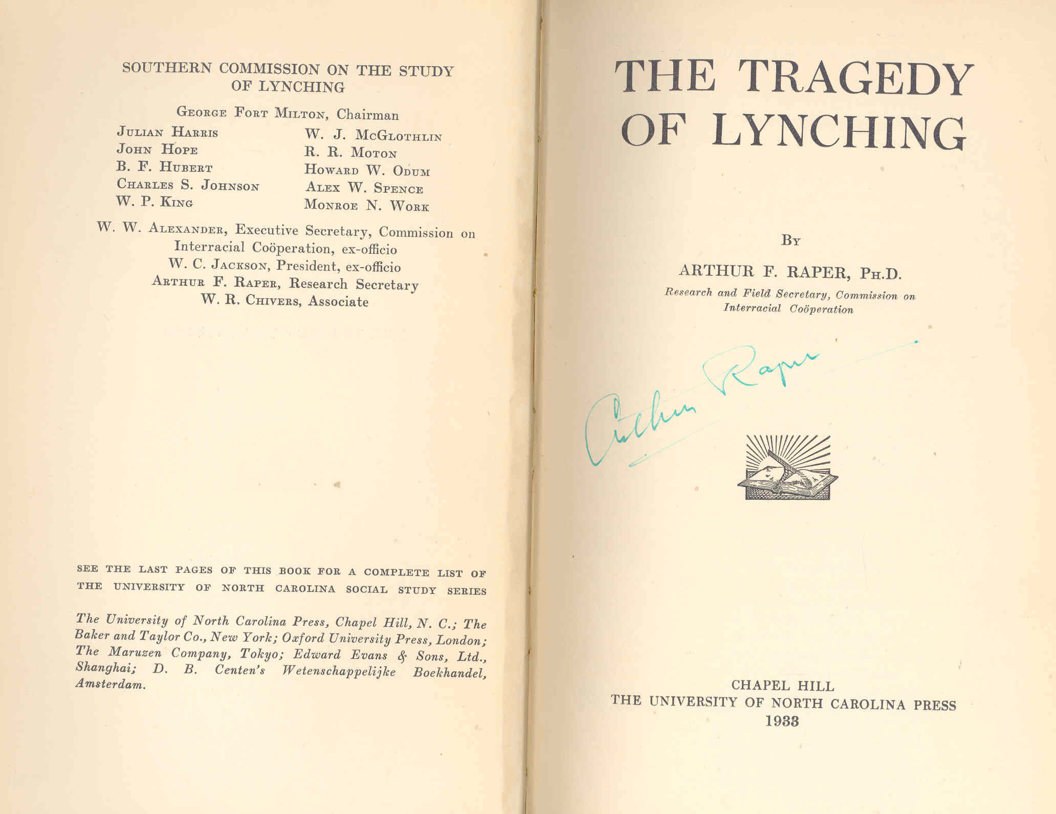 Arthur Raper BIBLIO | The tragedy of lynching by Raper, Arthur F | Hardcover | 1933 ...