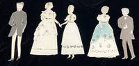 A collection of 7 hand made paper dolls and their costumes