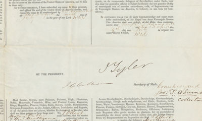 Ship’s Passport Signed by President John Tyler and Secretary of State John C. Calhoun, for the Whaler MOCTEZUMA, Which Operated in the Indian and Pacific Ocean for Three Years Under This Passport