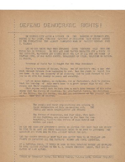 Black Veteran John T. Walker and the Burning of His Redwood City Home, Communist Party Protest Broadside, 1946
