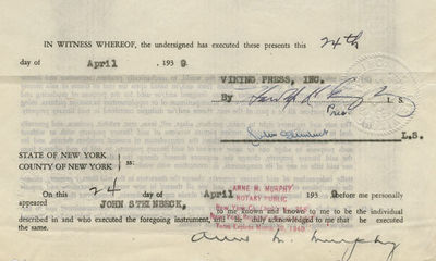 24/04/1939. John Steinbeck “The undersigned, Viking Press, Inc. and John Steinbeck hereby sells, g...