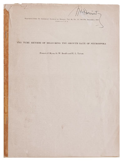 "The Tube Method of Measuring the Growth Rate of Neurospora." Offprint from: American Journal of Botany, vol. 30, no. 10.