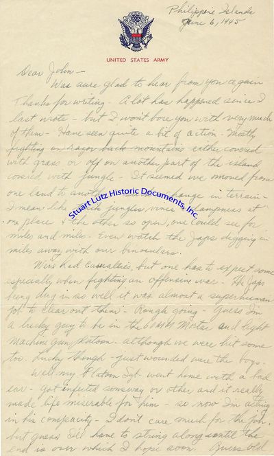 (WORLD WAR II IN THE PHILIPPINES). ALS. 3pg. 6 x 10 . June 6, 1945. Philippine Islands. An autograph...