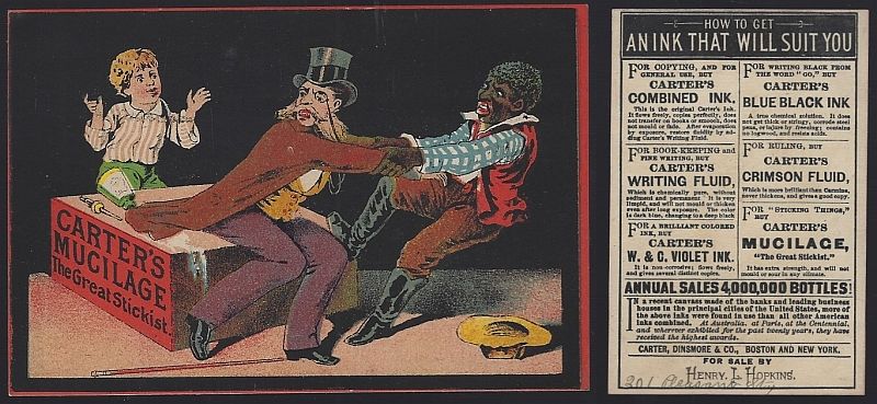 VICTORIAN TRADE CARD CARTER'S MUCILAGE AND INK WITH MAN'S COAT GLUED TO BOX