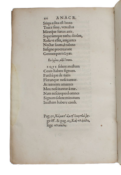 Teiou mele [Greek]. Anacreontis Teii Odae. Ab Henrico Stephano luce & Latinitate nunc primùm donatae.    - [THE STARTING-POINT OF MODERN LITERATURE] (photo 8)
