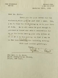 Typed letter signed ("Stephen S. Wise"), to the Rev. P.S. Bird of First Presbyterian Church of Utica, about train to Utica and back